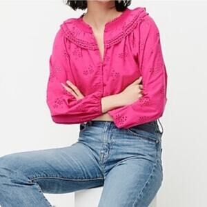 NWT J.Crew Button Spring feminine hot pink eyelet peasant top cotton girly S